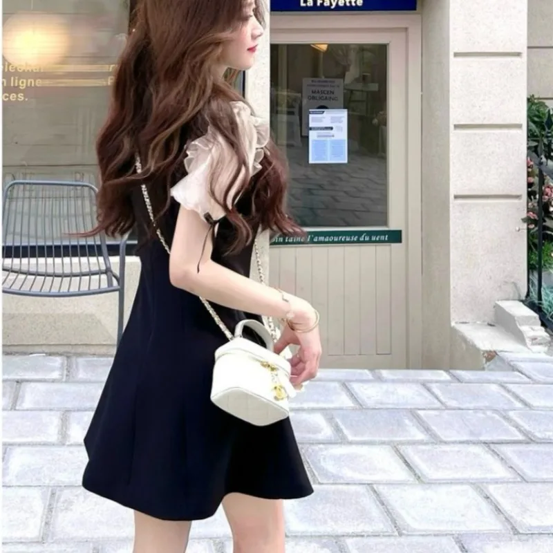 여성용 패치워크 반팔 미니 드레스, 우아한 기질, 한국 스타일, 캐주얼 유행 스트리트웨어, 활 프릴 슬림, 여름