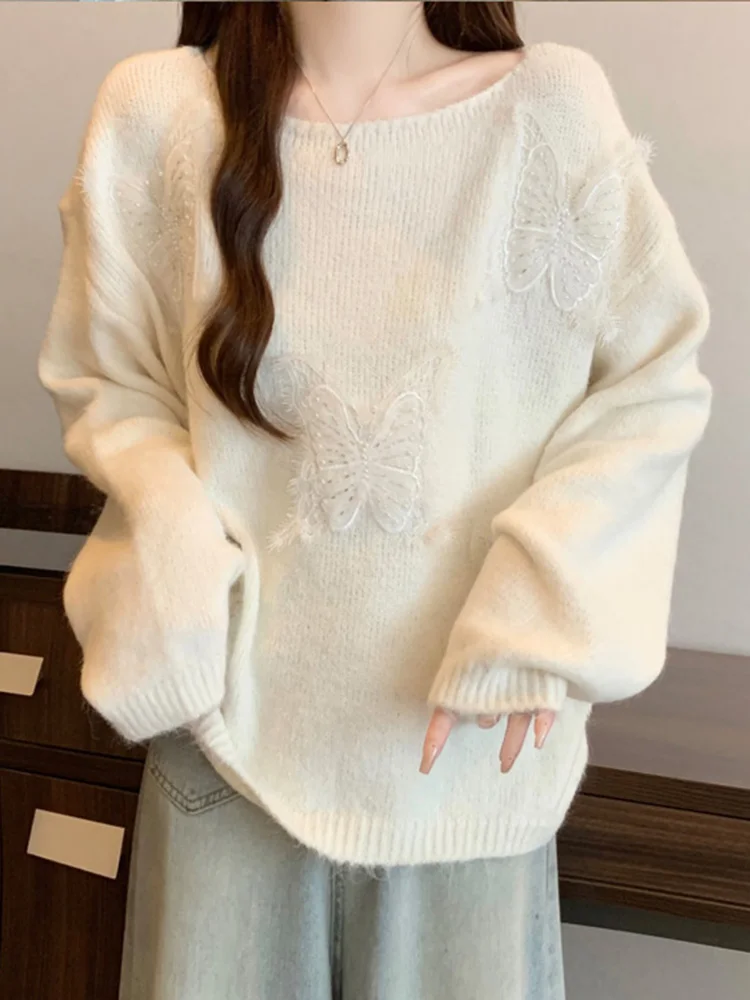 Sweater Kupu-kupu Lucu Manis Wanita O Neck Gaya Preppy Chic Rajutan Pullover Kasual Lengan Panjang Longgar Elegan Jumper Wanita Musim Gugur