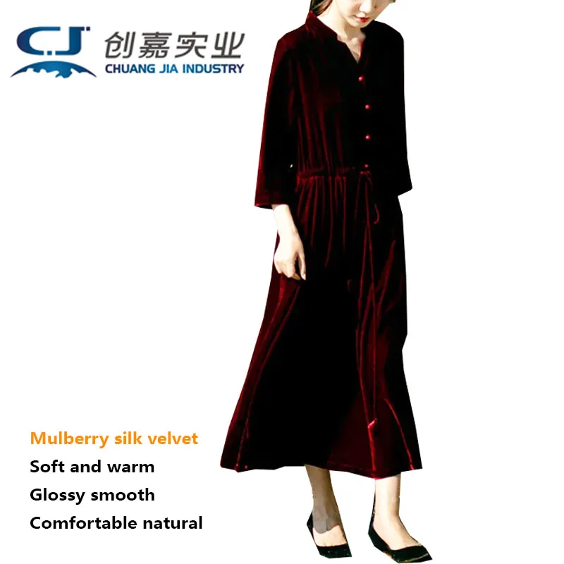 Real Silk Velvet Spring Summer Women's Seven-point Sleeve Stand-up Collar Dress Wearing Rope Lace-up Light Luxury Large Size 5XL
