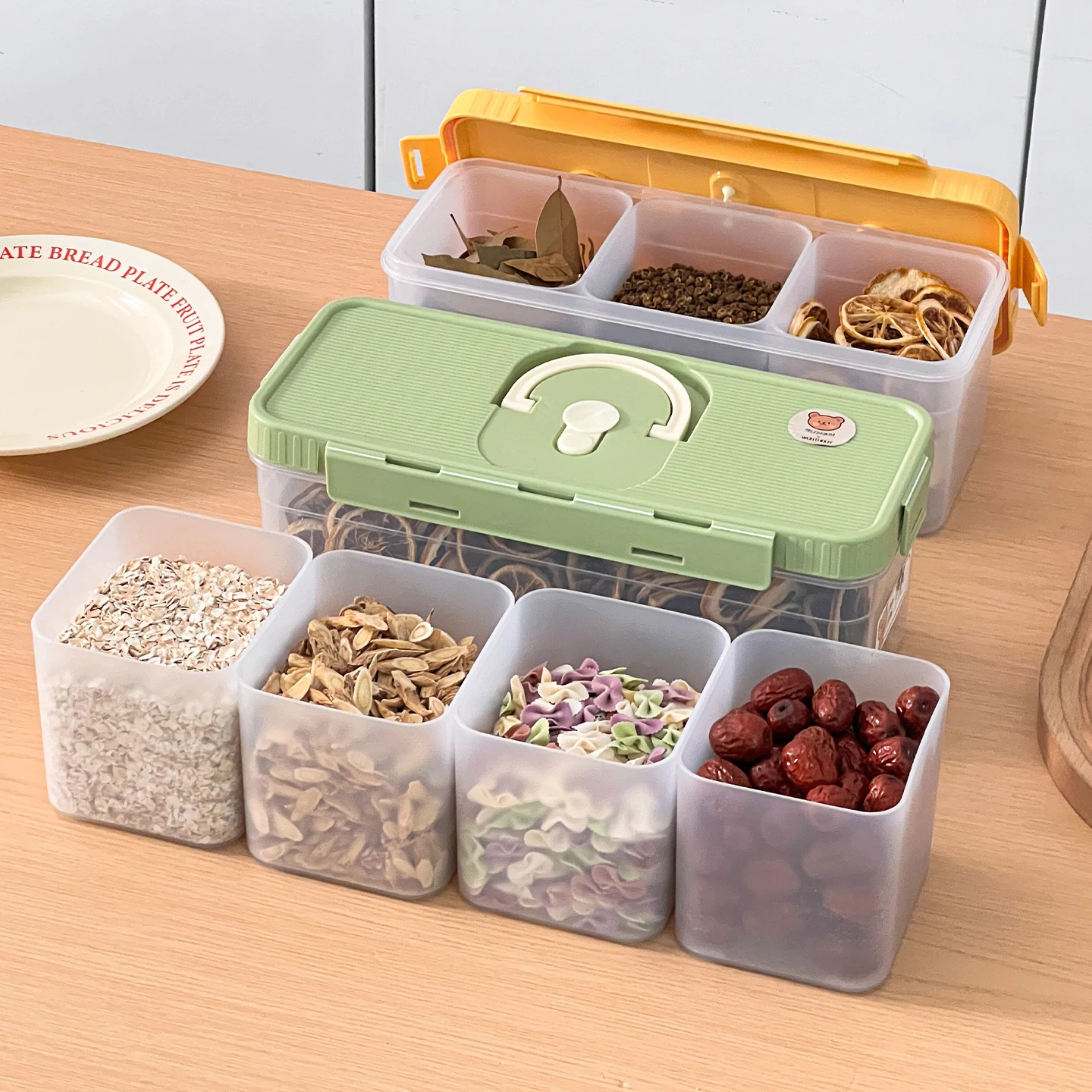 Tragbare Kunststoff-Lebensmittel-Aufbewahrungsbox 2/3/6 Fächer Feuchtigkeitsbeständiger Versiegelter Behälter für Trockenfrüchte, Gewürze und Getreide Küchenorganizer