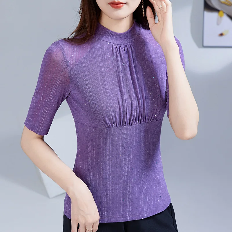 2026 Fashion Patchwork Summer Half Sleeved Women's Tops Elegant Slim Half High Collar Mesh T-Shirt Elasticity M-4XL Tees