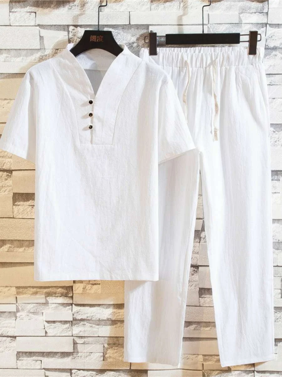 

New Summer Thin Cotton Linen Set Loose Fit Large Size Men's Clothing Casual Style Two-Piece Suit Comfortable Breathable