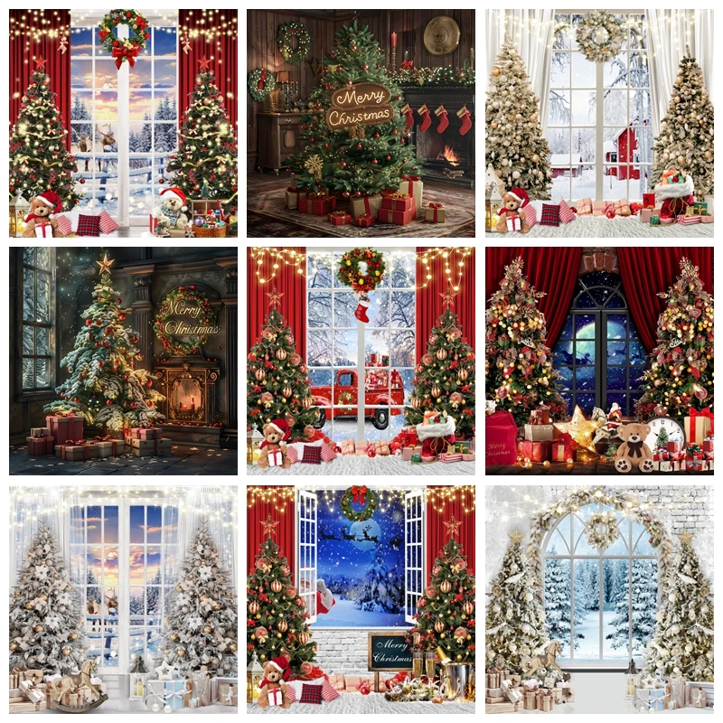 

Merry Christmas Photography Backdrop Decorative Christmas Tree Window Snow Forest Photo Background for Kids Family Party Props
