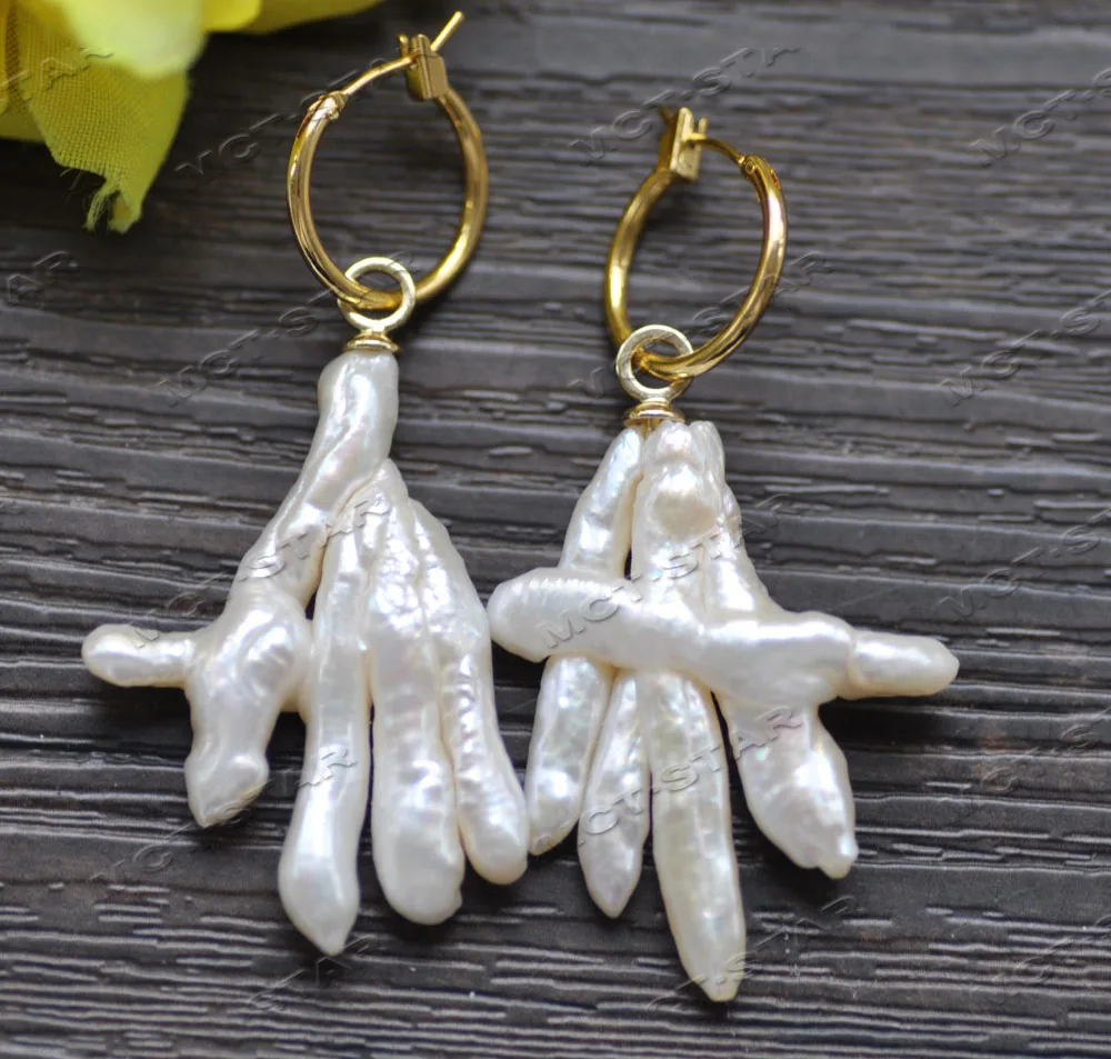 

Z12662 Natural 36mm White Baroque Chicken Feet Keshi FW Pearl Dangle Earring