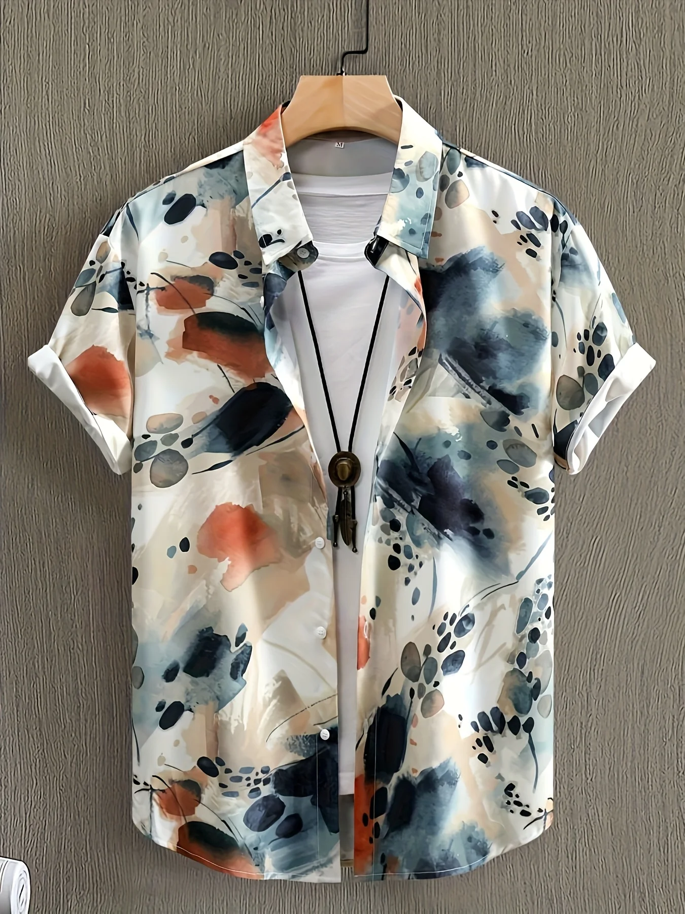 Men Chinese Ink Wash Abstract Blob Watercolor Print Short Sleeve Turn-down Collar Shirt Summer Casual Button Down Streetwear Top