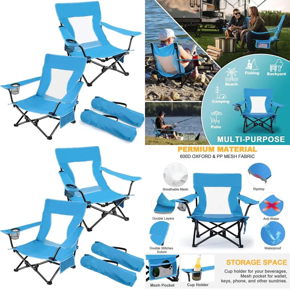 

Портативные складные стулья с подстаканниками, набор из 2 прочных уличных стульев для взрослых, идеально подходят для рыбалки, газона, спорта и патио