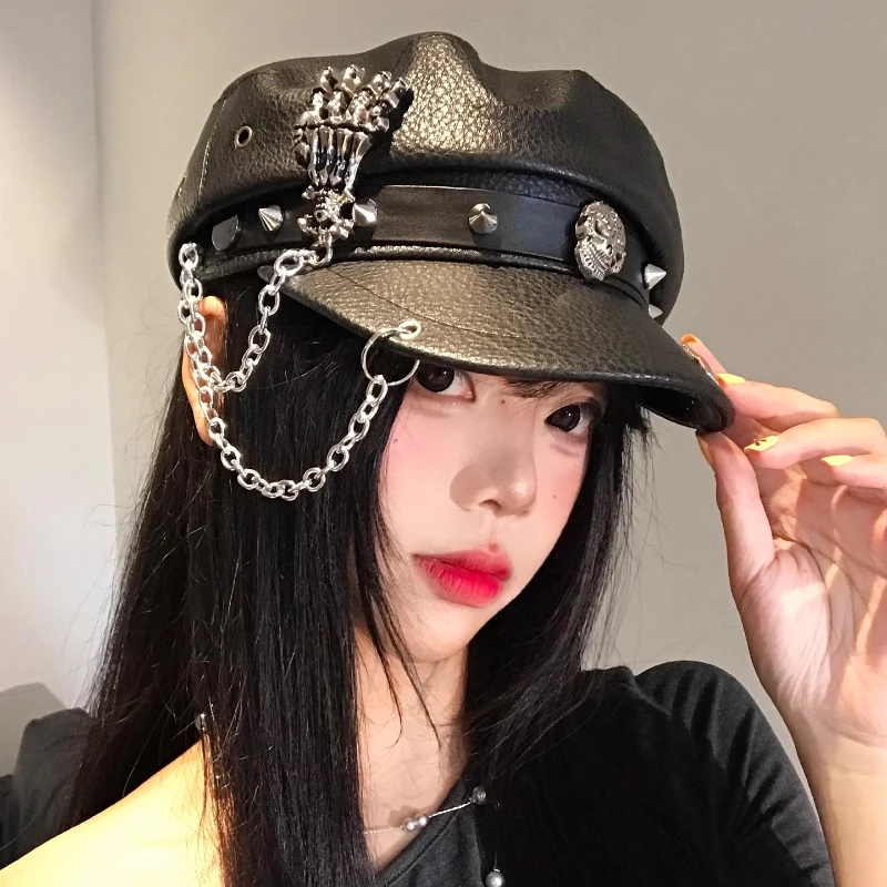Vintage Punk Style Personalized Rivets Skull Chain PU Leather