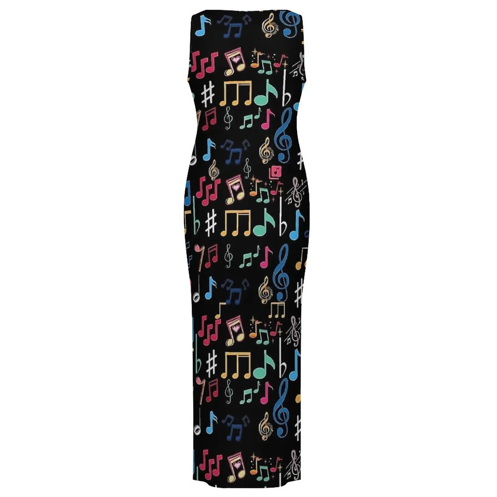 Damska Kolorowa Sukienka z Nadrukiem Nut Muzycznych, Sukienka Bodycon w Stylu Ulicznym, Wiosenna Sukienka Maxi Bez Rękawów, Urocza Sukienka Maxi z Wzorem, Oversize Vestido