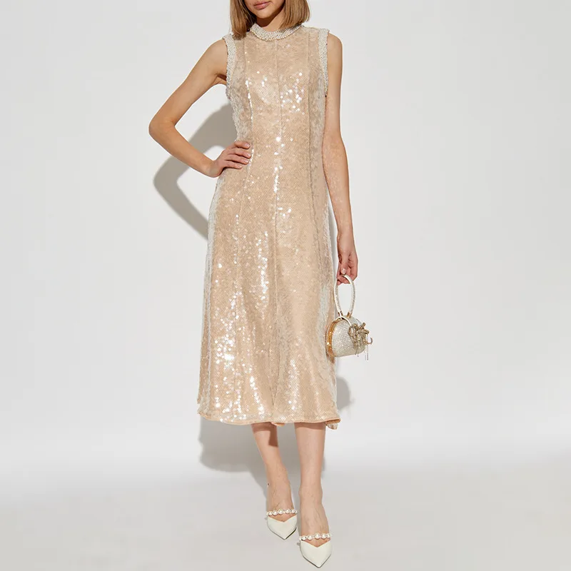 Elegant Style Dress Round Neck Pearl Edge High-end Dress Women Apricot Mesh Sequin Embroidered French Light Luxury Dress