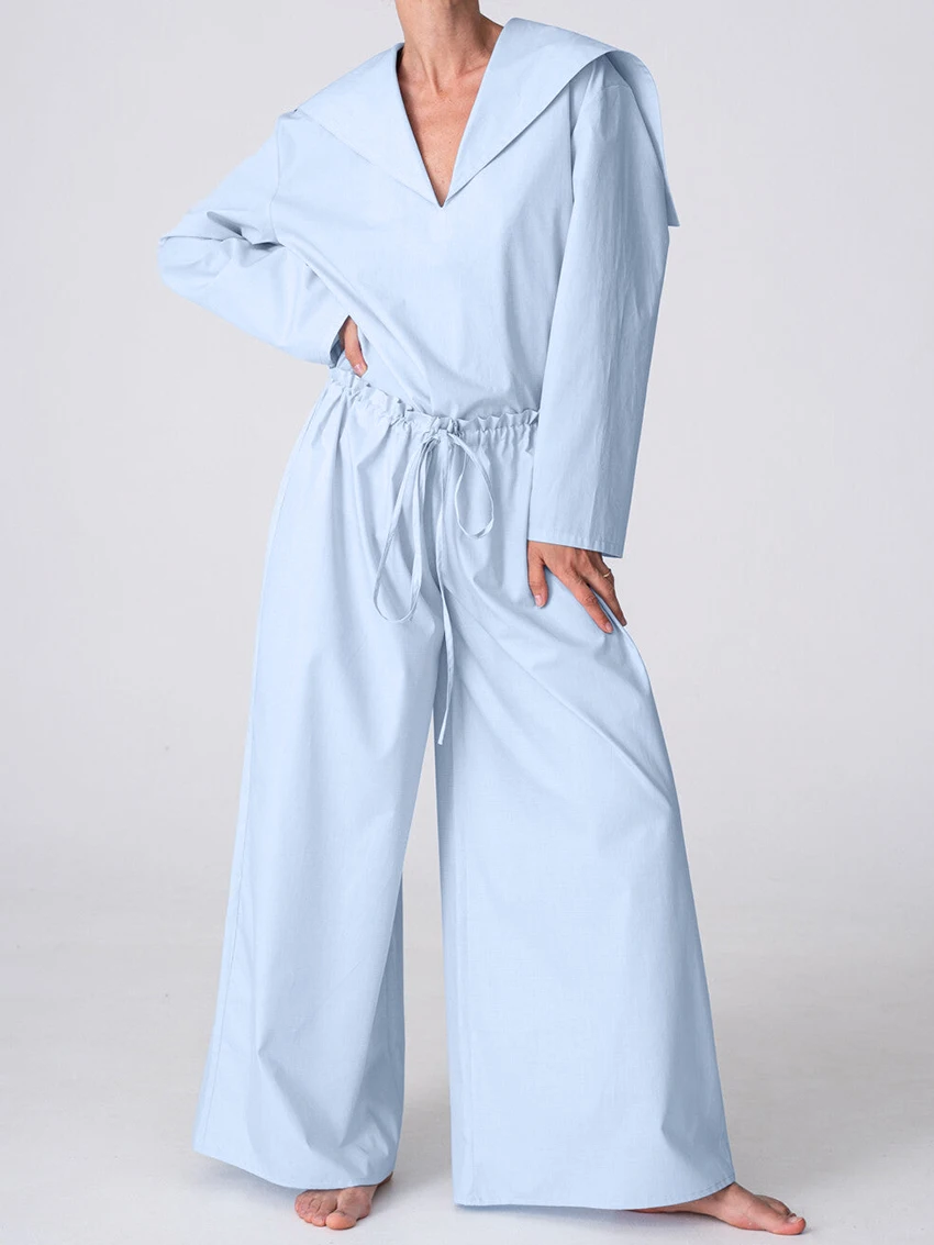 

Marthaqiqi Blue Cotton Female Sleepwear Set Peter Pan Collar Pajamas Long Sleeve Nightgowns Wide Leg Pants Casual Nightwear Suit