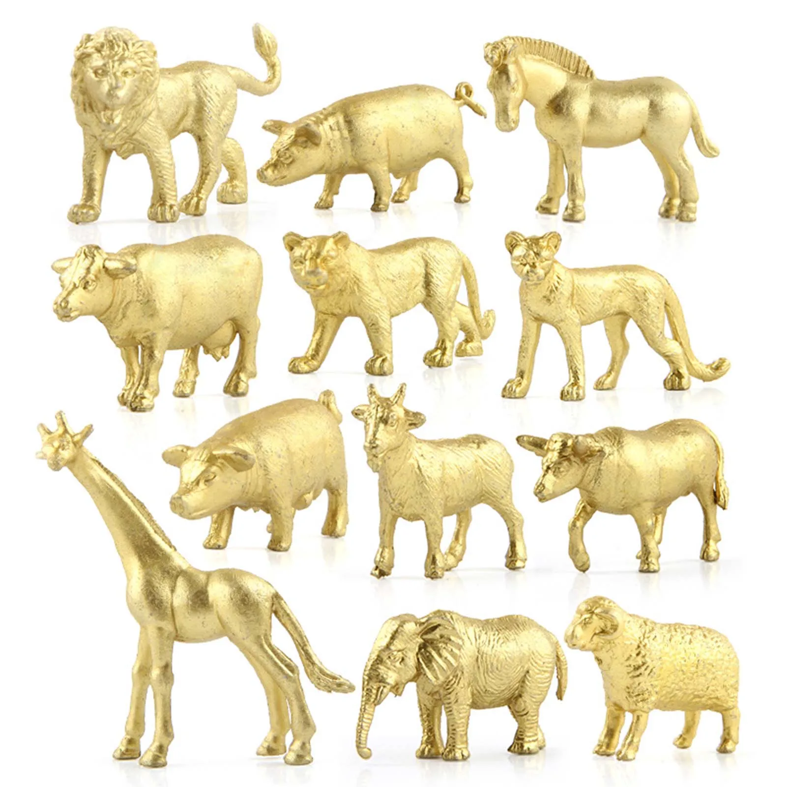 12PCS Forest Animal Model Gold Safari Animals Figurines Toys Jungle Animal Figurine Simulation Ornament Toy Birthday Cake Decor