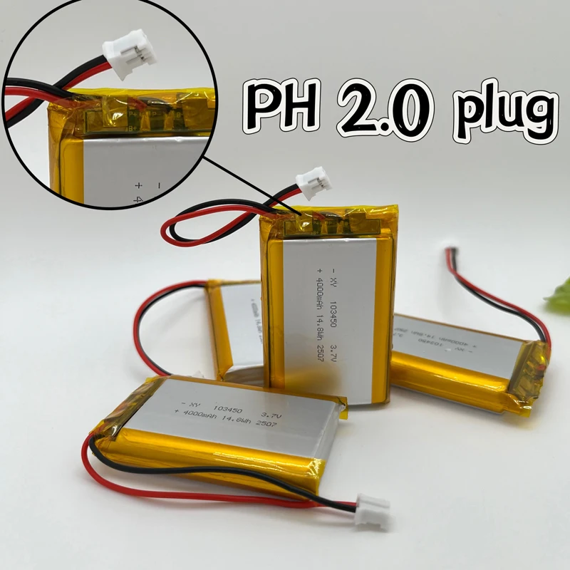 103450 3.7v 3000/4000mah bateria recarregável de polímero de lítio de alta capacidade 2.0mm conector de 2 pinos para câmera gps mp5 fone de ouvido bluetooth