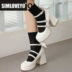 SIMLOVEYO Women Pumps Round Toe Ultrahigh Heel 9cm Platform Buckle Strap Lolita Style Sweet Girls Shoes Small Size 32 33 Bowknot