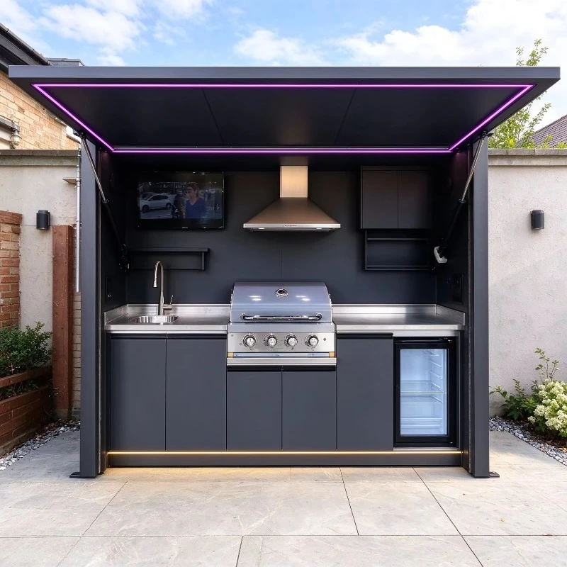 Custom Outdoor Bar Kitchen Cabinet with Grill, Sink, Serving Counter & Glass Door Refrigerator