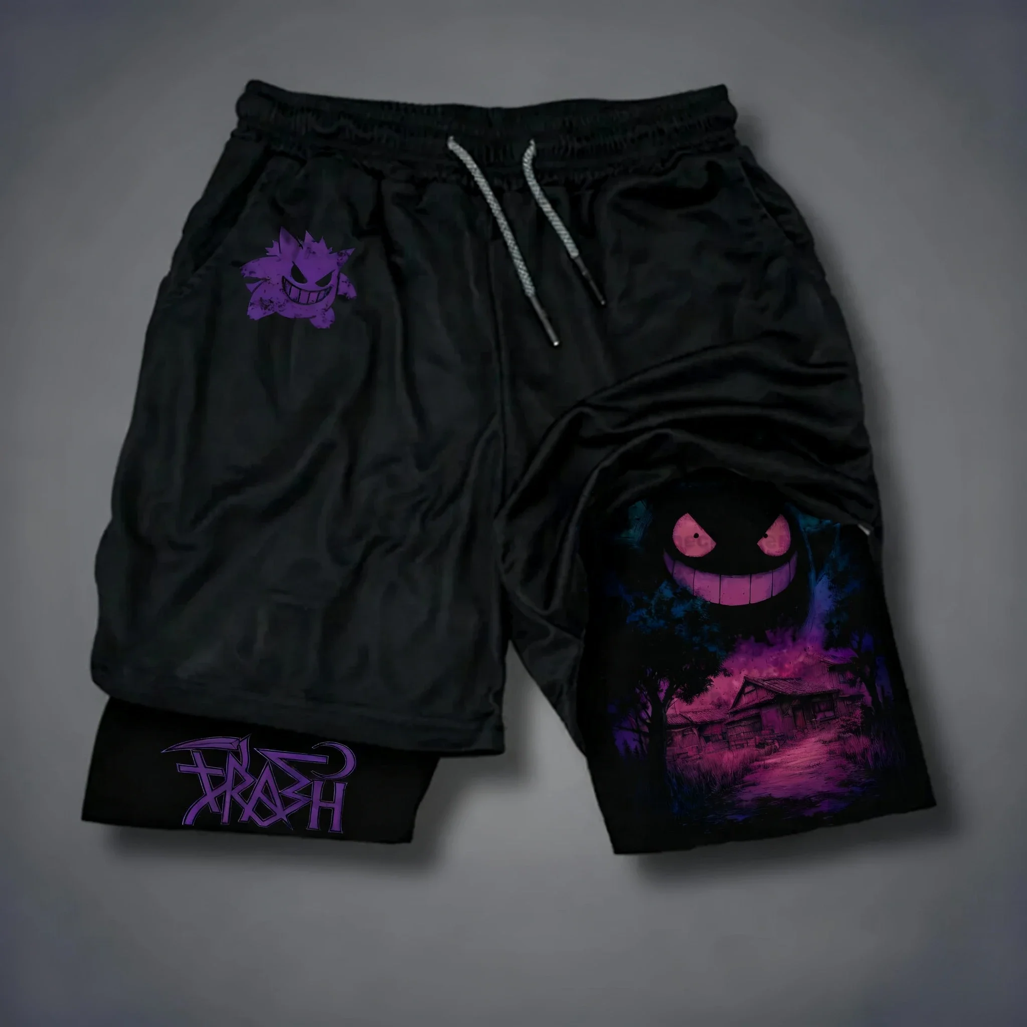 Pokémon Game Bedruckte schwarze doppellagige Sportshorts für Herren und Damen, Sommer, neue Laufshorts, 2-in-1, atmungsaktiv, schnell trocknend