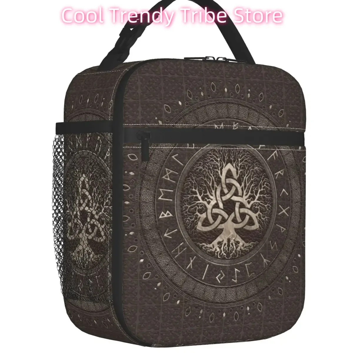Tree Of Life With Triquetra Brown Leather Gold Thermal Insulated Lunch Bags Viking Norse Yggdrasil Portable Lunch Tote Food Box