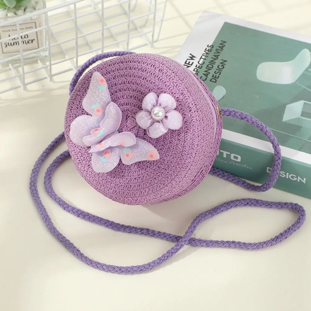 Creative Handmade Kids Straw Bag Butterfly Flower Round Shape Crossbody Bag Woven Shoulder Bag for Children Girls