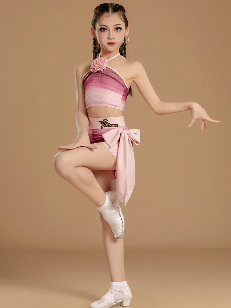 Costume d'entraînement de danse latine pour enfants, gilet en poudre rouge dégradé, haut et jupes, ensemble de vêtements de danse pour spectacle de compétition