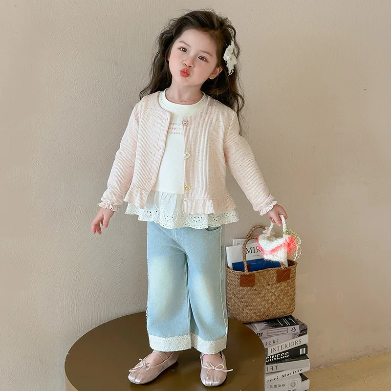 Girls' Suit 2025 Spring and Autumn New Children's Spring Clothes Little Girl  Fashionable Cardigan Three-piece Set
