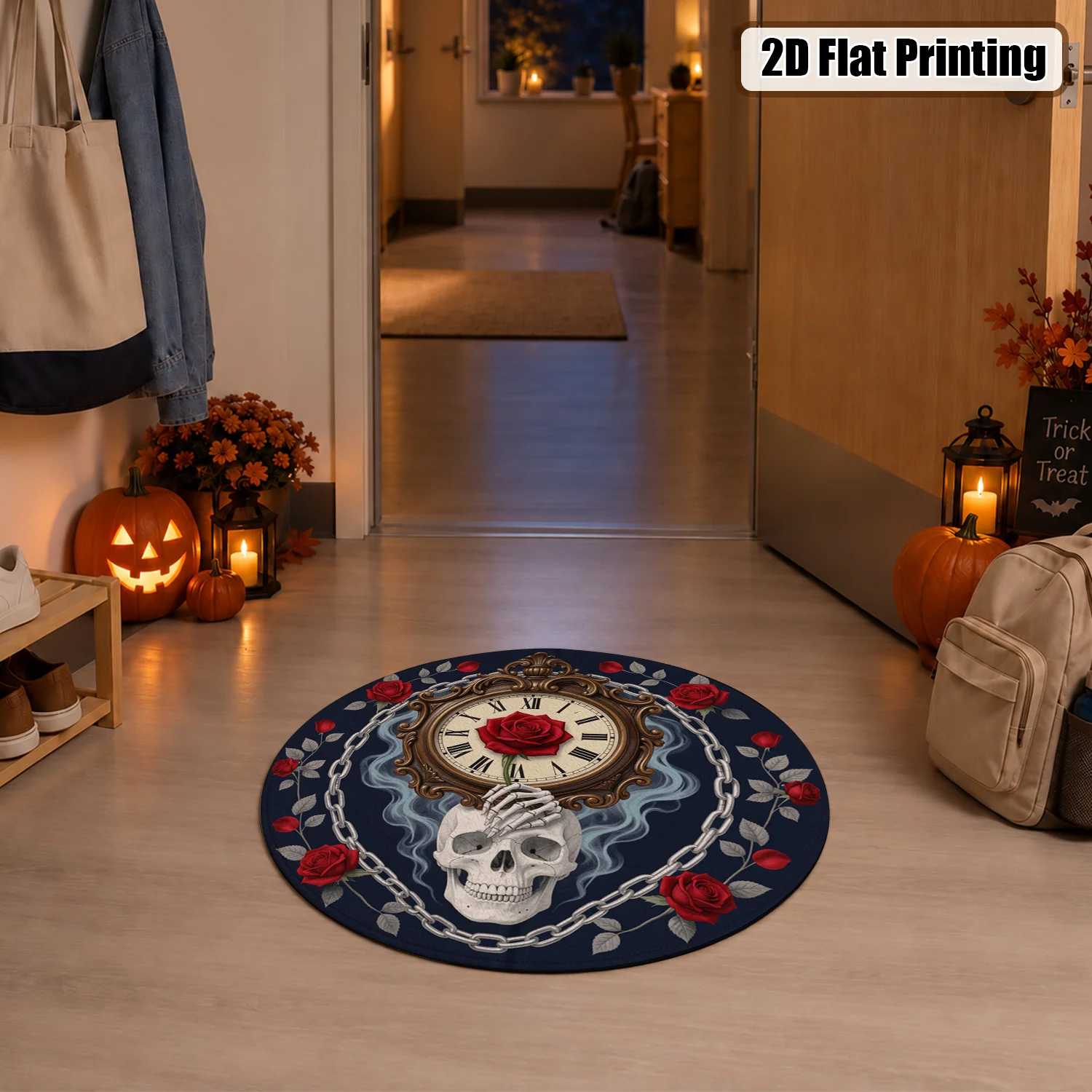 Gothic Skull Rose Clock Pattern Round Velvet Rug, Machine Washable, Suitable for Living Room, Bedroom, Dining Area, Entryway, Great for Halloween, Thanksgiving, Christmas, New Year, Black Friday, Cyber Monday Home Decor