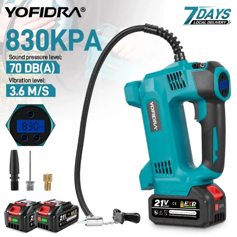 YOFIDRA 830KPA Hochdruck-Luftkompressor für Reifen, digitaler Display, kabelloser Autoreifenkompressor für Makita-Akku.