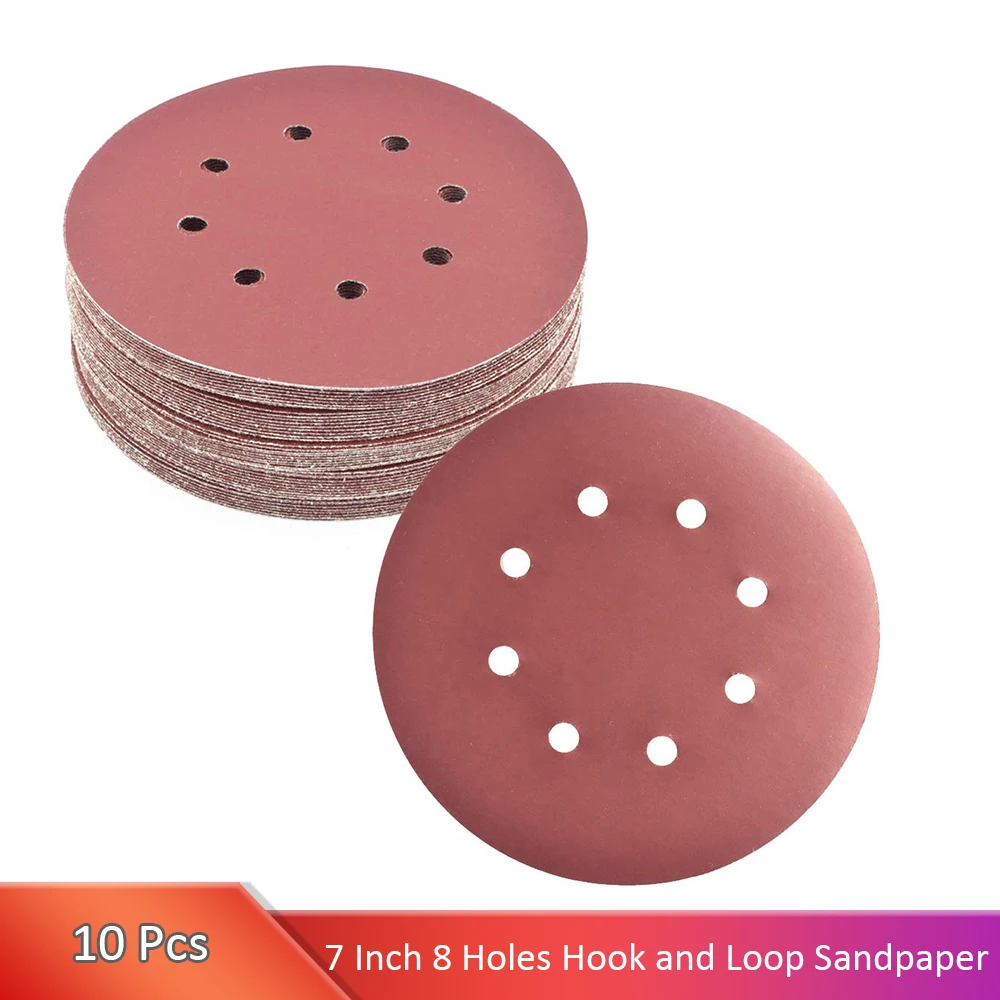 10 Stück 7-Zoll-Schleifscheiben mit 8 Löchern, Klettverschluss, Körnung 60-600, beflocktes Schleifpapier für Schleifmaschinen, Exzenterschleifer