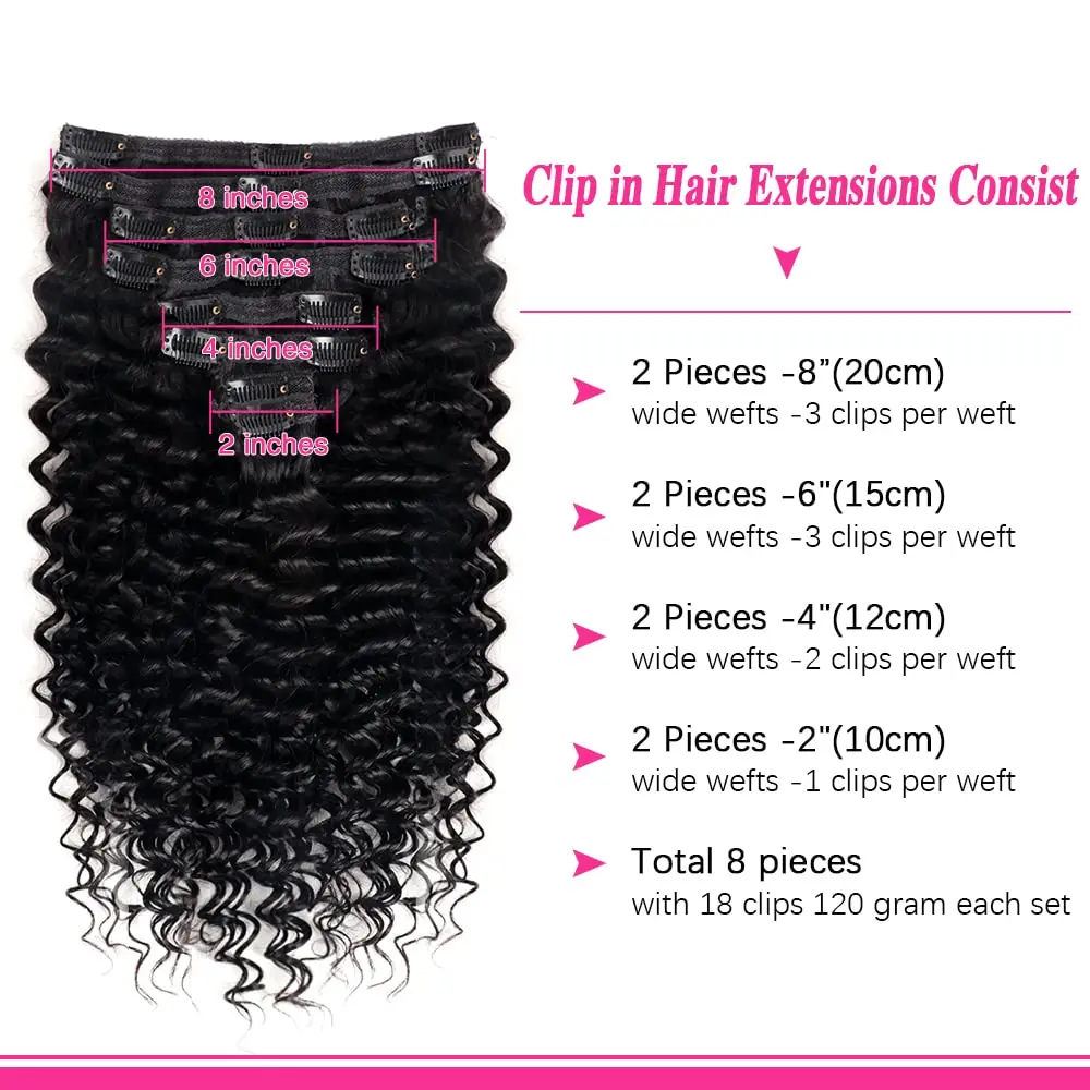 Cabeça cheia máquina brasileira Remy Clip em extensões de cabelo, 100% cabelo humano real, grampos naturais em 120G, 14 a 22, 8pcs