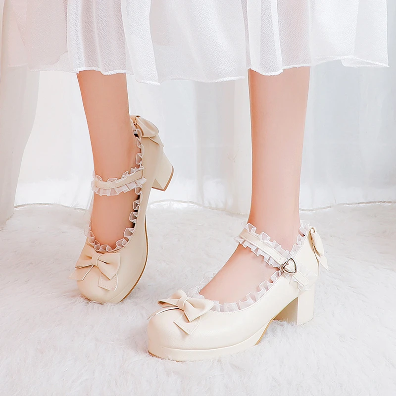 

ORCHALISA туфли-лодочки Janes, милый кружевной галстук-бабочка с жемчугом, принцесса Лолита, высокий каблук 6 см, ремешок с пряжкой на щиколотке, косплей, большой размер 32-48