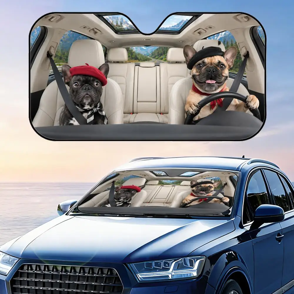 

French Bulldog in Beret Sun Visor Car Windshield Sunshade UV Protection Reflective Foldable Heat Insulation Cover