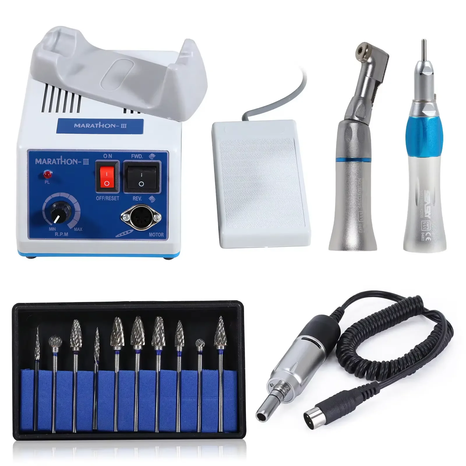 

Dental Lab Marathon Electric Micromotor 35K rpm/Low Speed Contra angle Straight Handpiece / 10pcs Tungsten Carbide Steel Burs