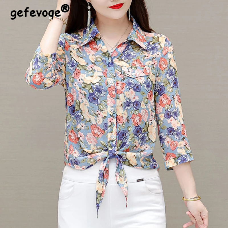 Vintage Floral Print Sweet Lace Up Elegant Button Up Shirt 2023 Spring Summer Korean Fashion Casual Slim Top Blouse Women Blusas