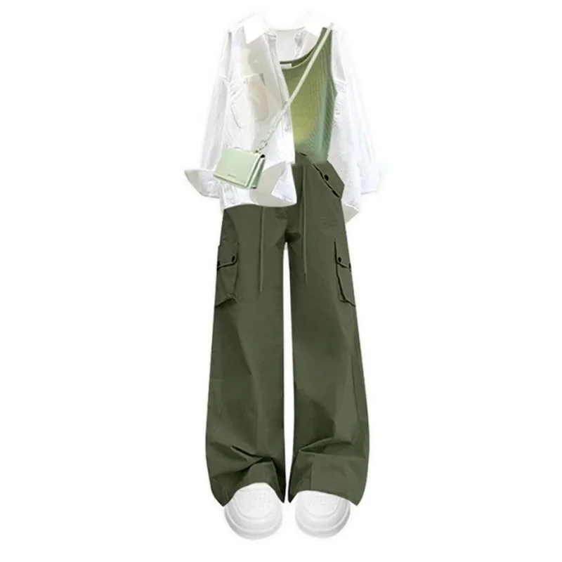 

2025 Spring Summer New Women Green Vest Cargo Pants White Shirt 3 Piece Set Lady Casual Blouse Tank Tops Trousers Outfits