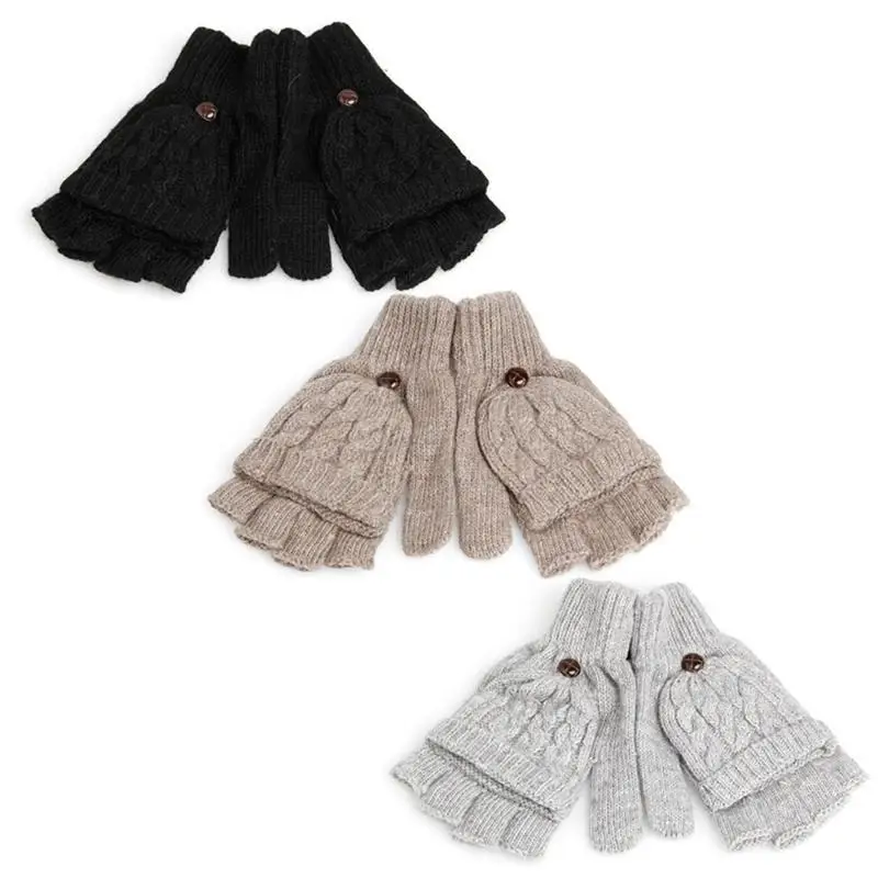 39BD Schwarz Grau Kaffee Kurzer halber Finger fingerloser Wollstrick-Handgelenkhandschuh Winter warm – Detail 2