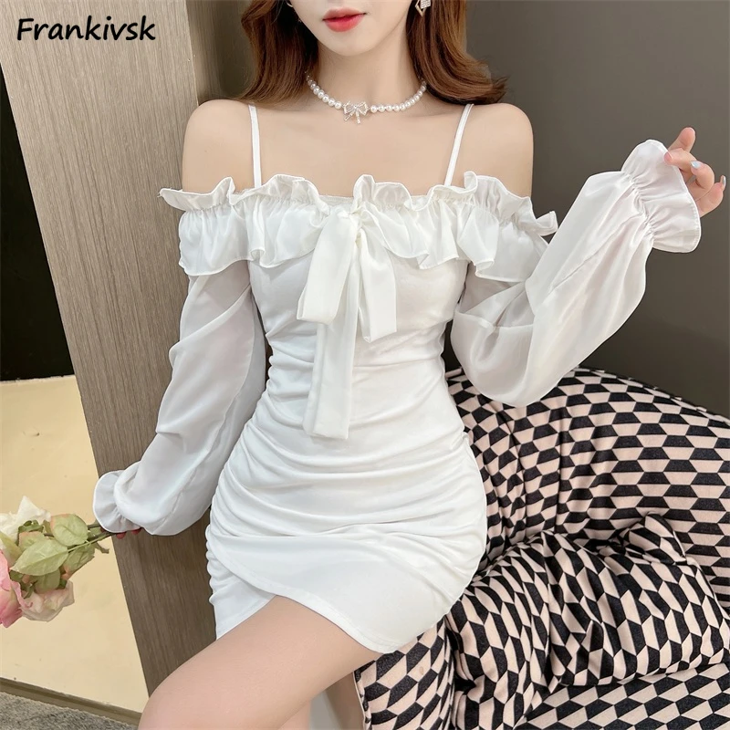 

Spring Dresses Women Solid Suspender Lace-up Mini Slim Stretchy Versatile Fashion Korean Style Streetwear Spliced Ruffles Retro