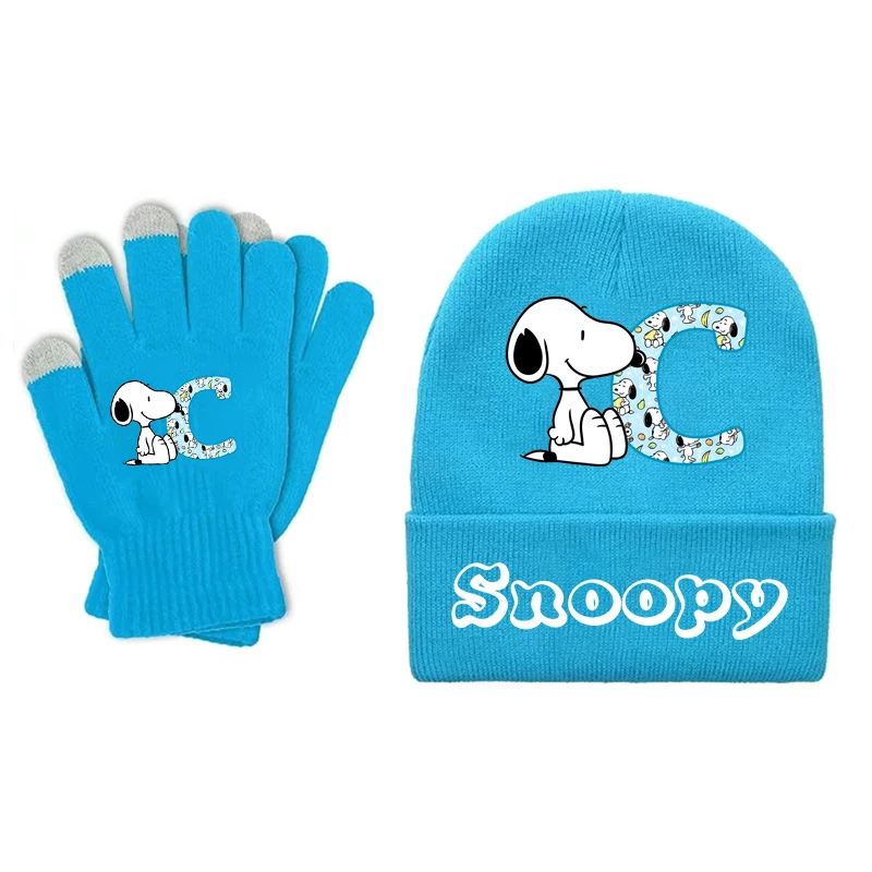 ชุดหมวกถักนิตติ้งและถุงมือสนูปปี้ 2 ชิ้น สำหรับเด็ก สีฟ้า น่ารัก อุ่นในฤดูหนาว หมวกบีนนี่สำหรับเด็กชายและเด็กหญิง ถุงมือแบบสัมผัสหน้าจอ ของขวัญวันคริสต์มาสและวันเกิด