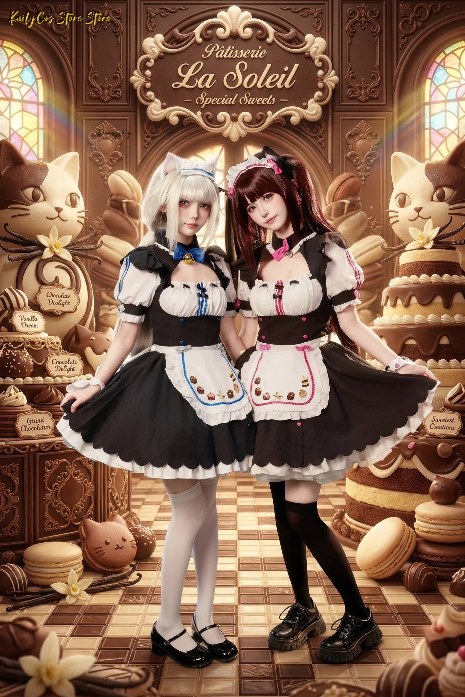 

Костюм горничной Chocola Vanilla NEKOPARA для косплея, полный комплект для женщин и девушек, милый наряд в стиле Лолита для Хэллоуина, с париком