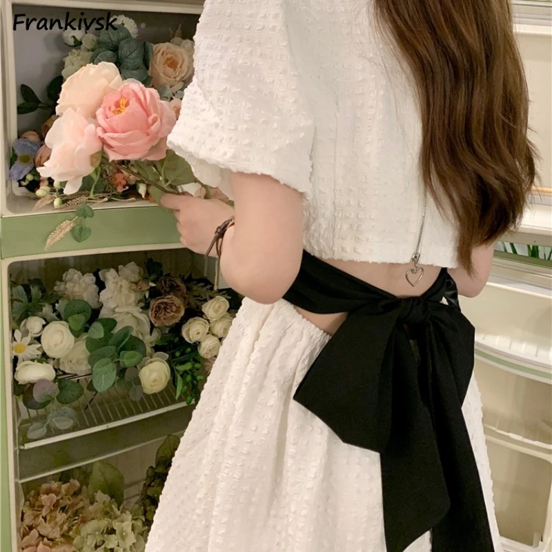 Women Dresses Square Collar Elegant Casual Korean Style Summer Puff Sleeve Bow Backless Trendy New Arrival College Holiday Chill