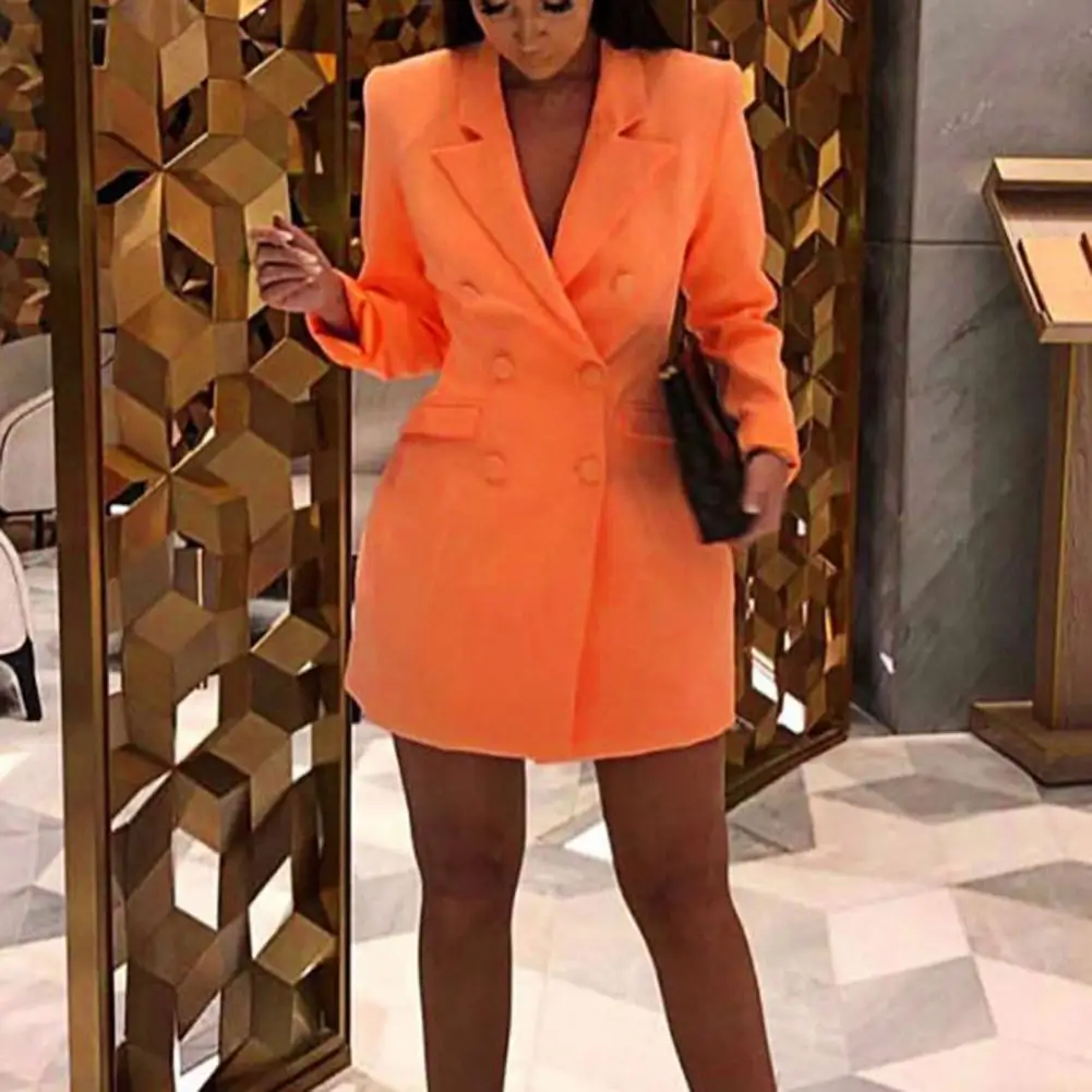 Autumn Orange Office Lady Blazer Lapel Long Sleeve Flap Pockets Double Breasted Mid-Length Formal Women Suit Coat Outerwear