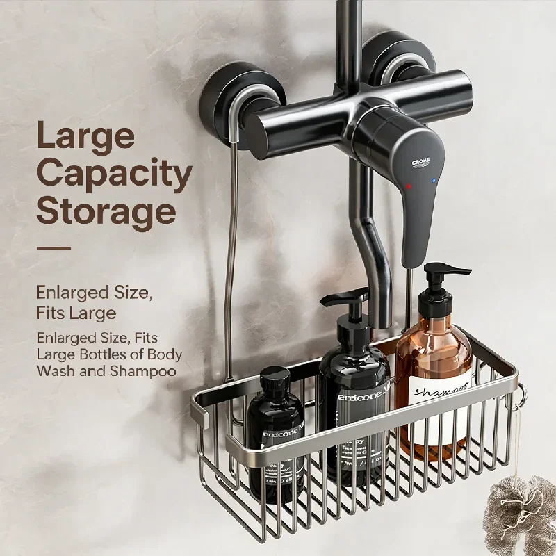 No Drill Over Shower Head Caddy and Wall Mount Basket for Shampoo, Body Wash – Shower Room Storage Hanger, Space Saving