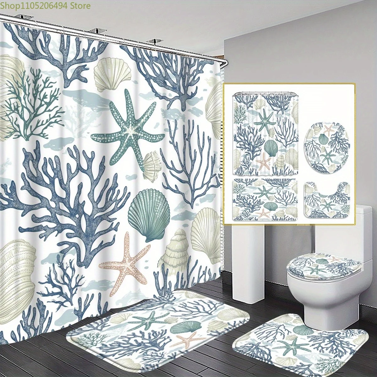 

1/3/4 шт. Набор штор для ванной комнаты с принтом морской жизни и коралла — полиэстер, 180x180 см, в комплект входит, U-образная накладка, чехол на сиденье унитаза, 12 шт.