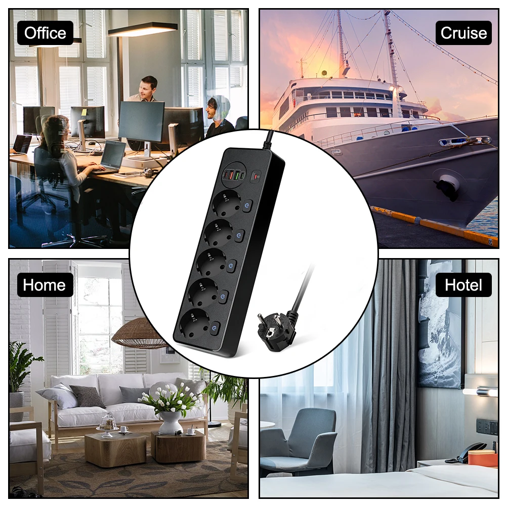 Power Strip with Extension Cable PD QC3.0 USB Fast Charger Smart Home Socket Overload Protection with Independent control switch