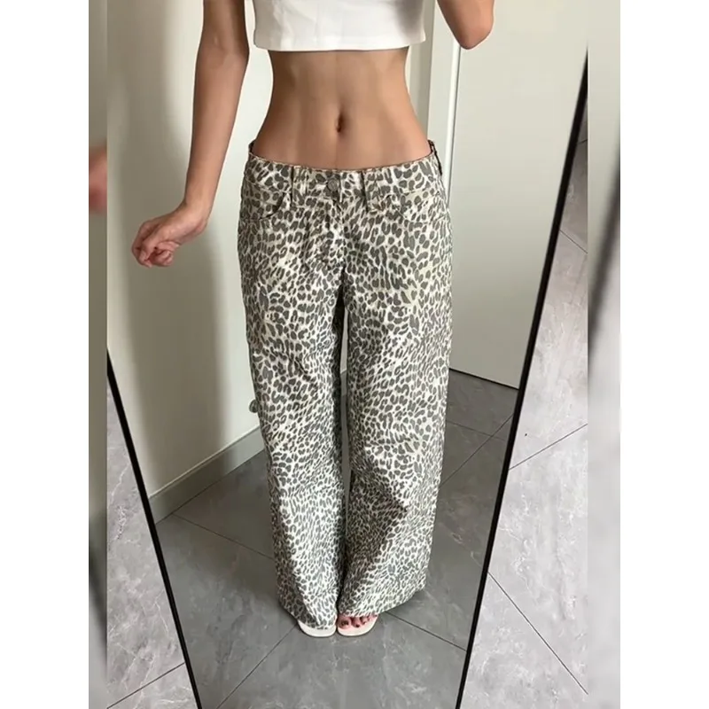 American Women Retro Leopard Print Loose Casual Straight Wide Leg Jeans High Street Y2K Pattern Printed Washed Baggy Jeans