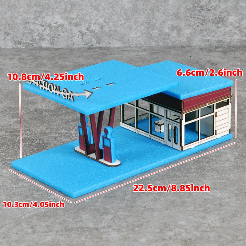 Assembly Architectural Model Miniature Gas Station Filling Petrol Service Station Modern and Car Scale Model Kit 1/64