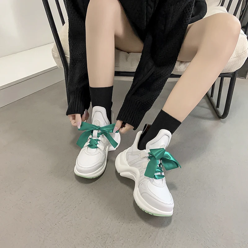 New Bow Ribbon Running Sneakers Women Vulcanize Shoes Woman Height Increasing Breathable Platform Shoes Woman chaussure femme