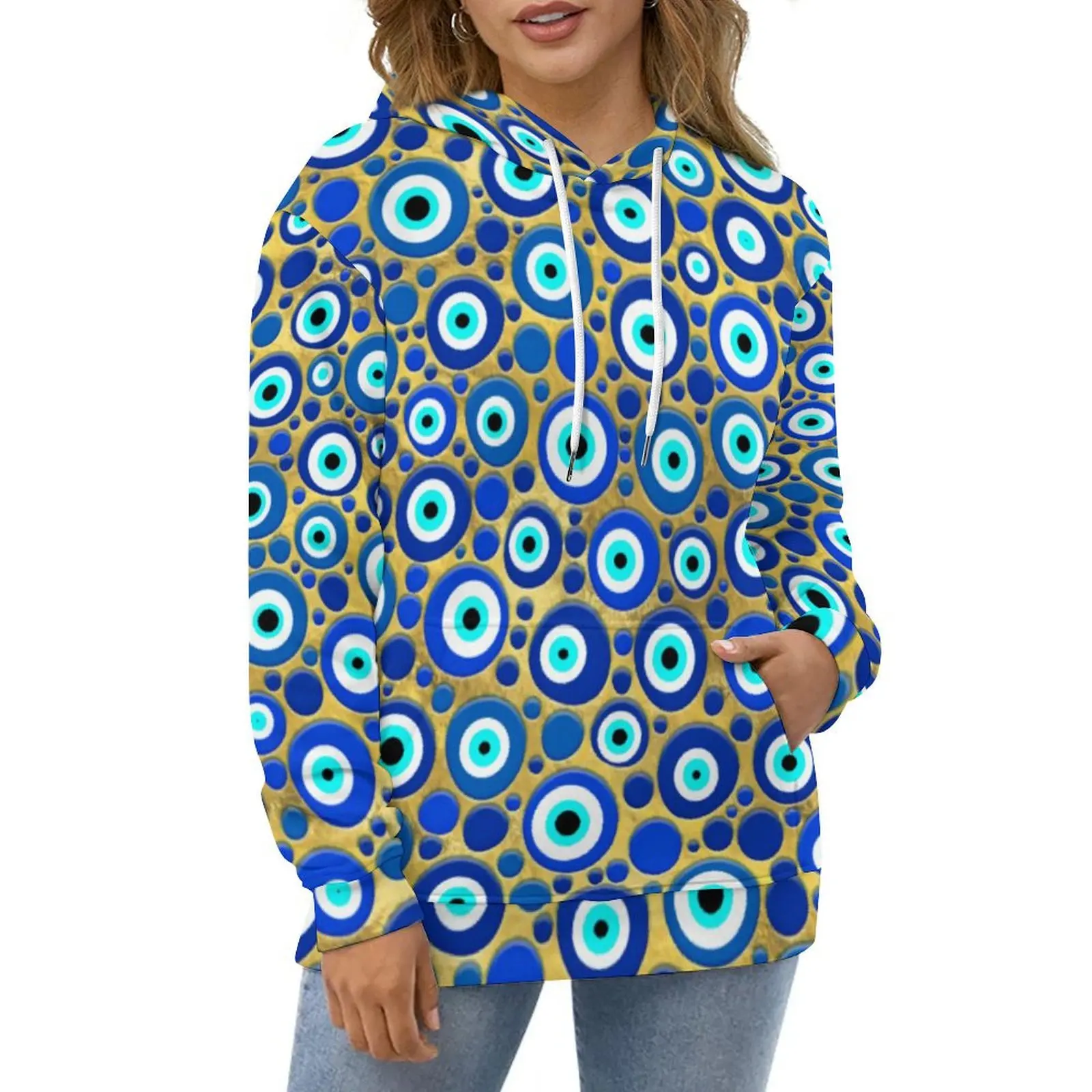 Blue Evil Eye Print Casual Hoodies Nazar Charm Retro Hoodie Unisex Long Sleeve Streetwear Graphic Loose Oversize Sweatshirts