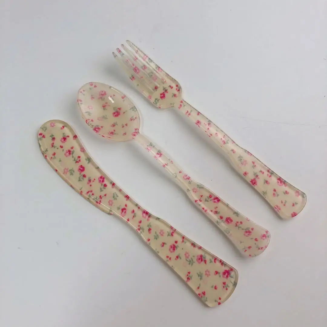 1 Set French Style Plastic Retro Plaid Dessert Spoon and Fork Tea Coffee Mixing  Flowers Vintage Drink Tableware  Teaspoons