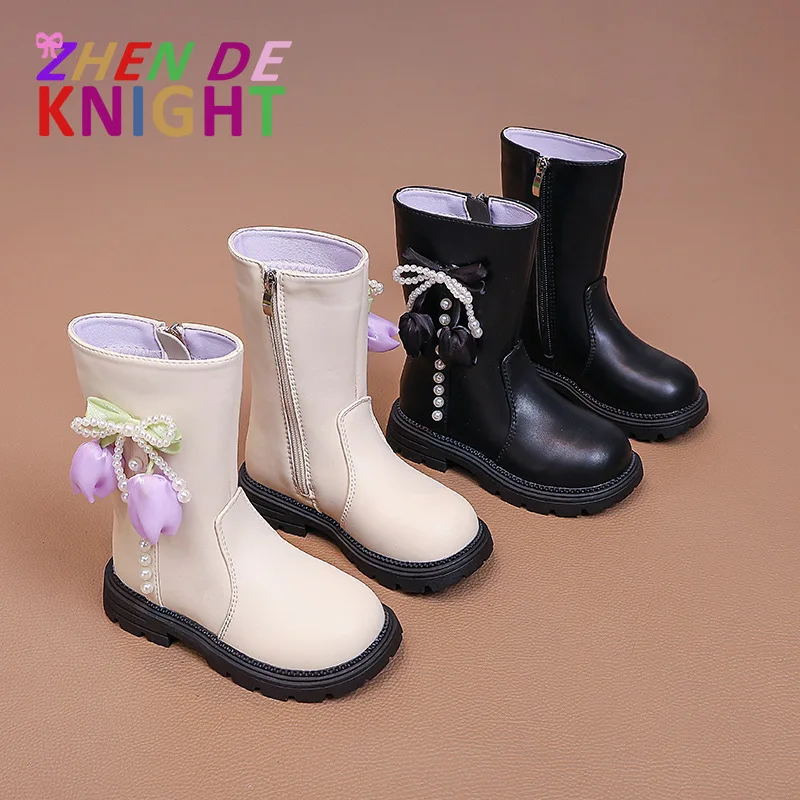 

2025 г., модные универсальные ботинки для девочек, повседневная обувь на молнии с цветочным декором и бантом, детские нескользящие короткие сапоги до середины щиколотки