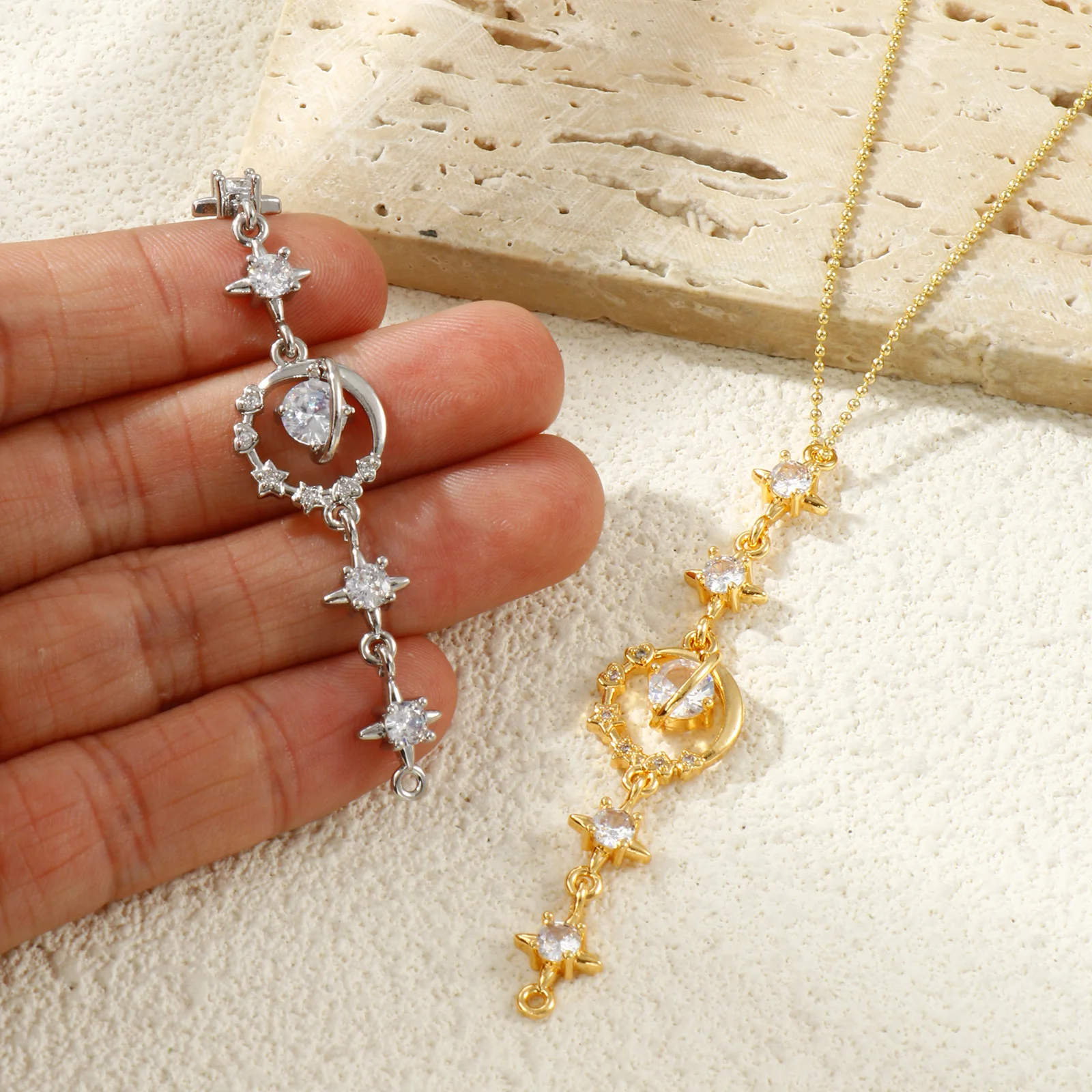 1PC Fashion Brass Galaxy Connectors For Necklace Bracelet Making Pendants Clear Cubic Zirconia Planet Moon DIY 6.7cm x 1.4cm