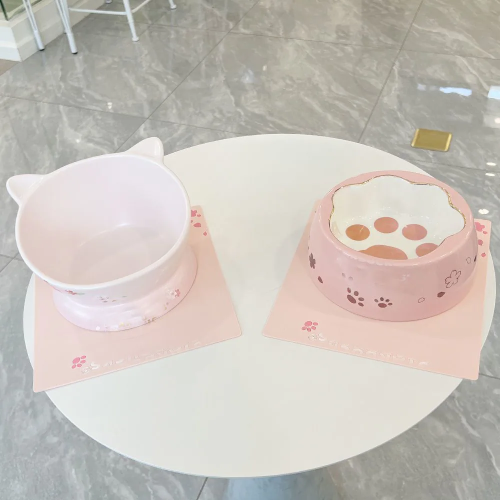 Cute Style Cat Bowl Same Style Pet Bowl Cherry Blossom Pink Cat Claw Bowl Water dispenser Cat and Dog Food Pot Ceramic with Mat