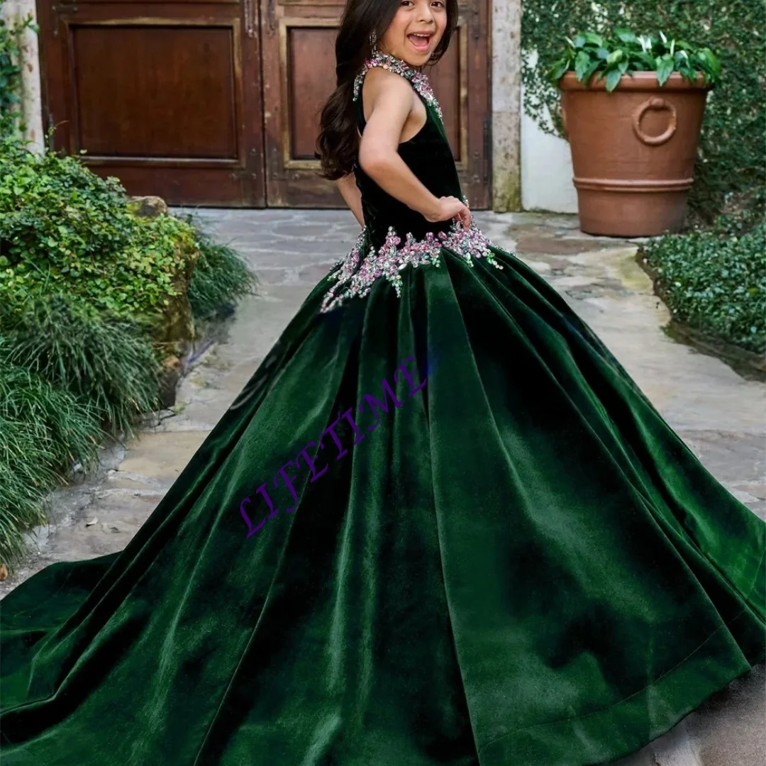 Customized elegance Green velvet ball gown Flower Girl Dress for Wedding Ceremonies Holiday Celebrations Dance Performances Birt